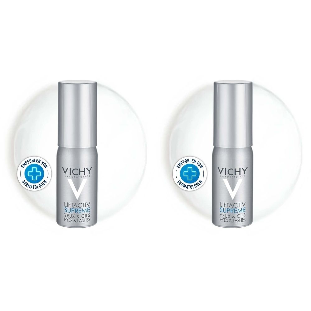 Zwei silberne Flaschen mit weißem Hintergrund. Auf jeder Flasche steht "Vichy Liftactiv Supreme Eyes & Lashes".