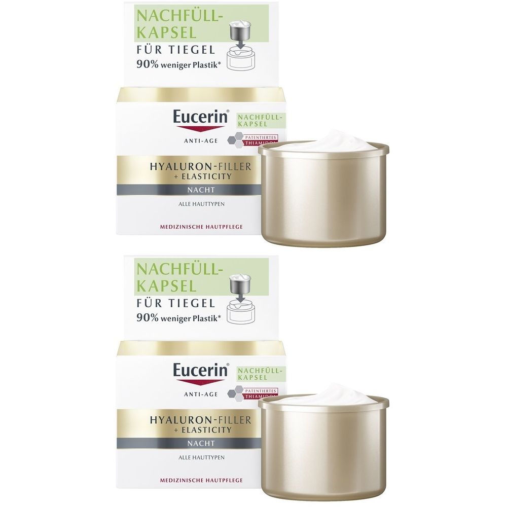 Zwei Packungen und ein Tiegel Eucerin Hyaluron-Filler + Elasticity Nacht Nachfüllkapsel. Aufschrift: Anti-Age, Nacht, alle Hauttypen.