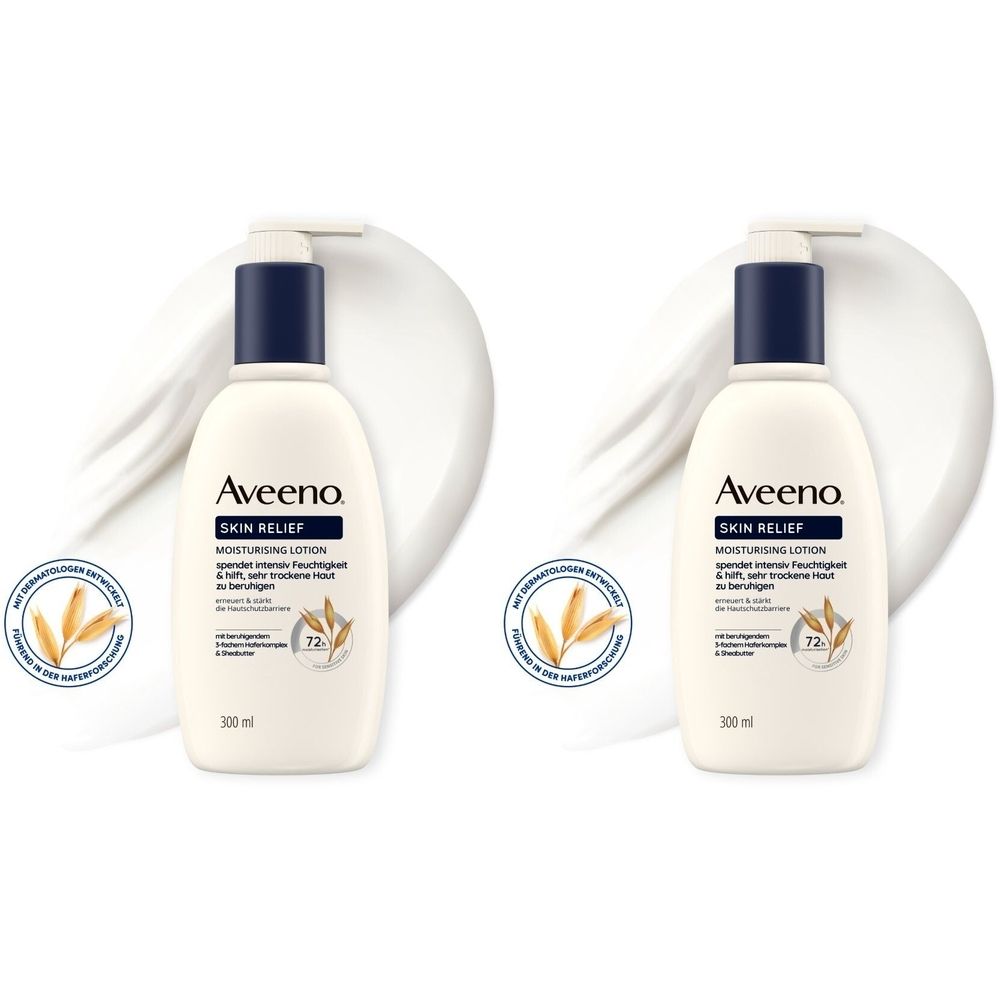 Zwei Flaschen Aveeno Skin Relief Bodylotion. Weiße Flaschen mit blauem Deckel und Pumpaufsatz. Aufschrift: Skin Relief, 300 ml.