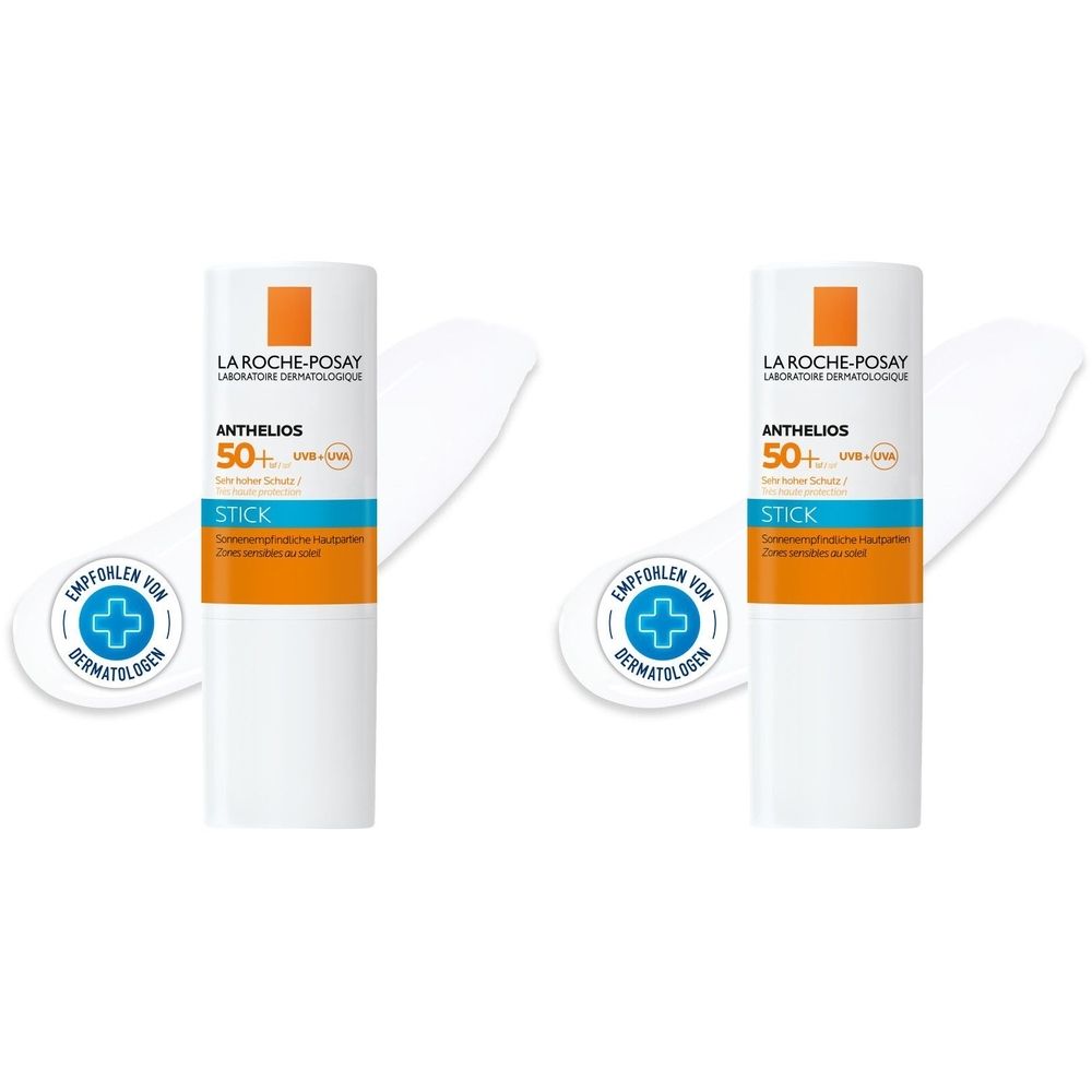 Zwei Stifte von La Roche-Posay Anthelios 50+ mit weißer Hülle, orangefarbenem Mittelteil und blauer Schrift. Aufschrift: Stick. Empfohlen von Dermatologen.