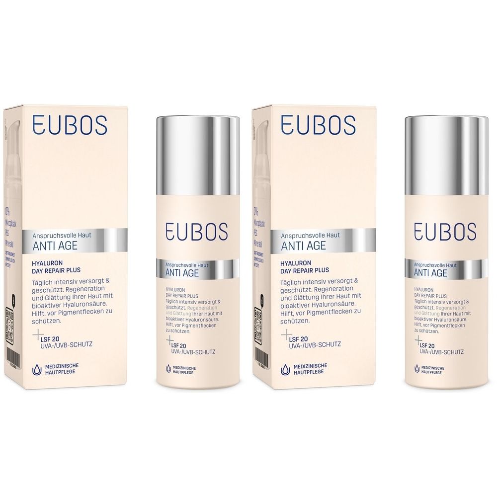 Mehrere Flakons und Verpackungen. Aufschrift: EUBOS, ANTI AGE, HYALURON DAY REPAIR PLUS, LSF 20. Medizinische Hautpflege.