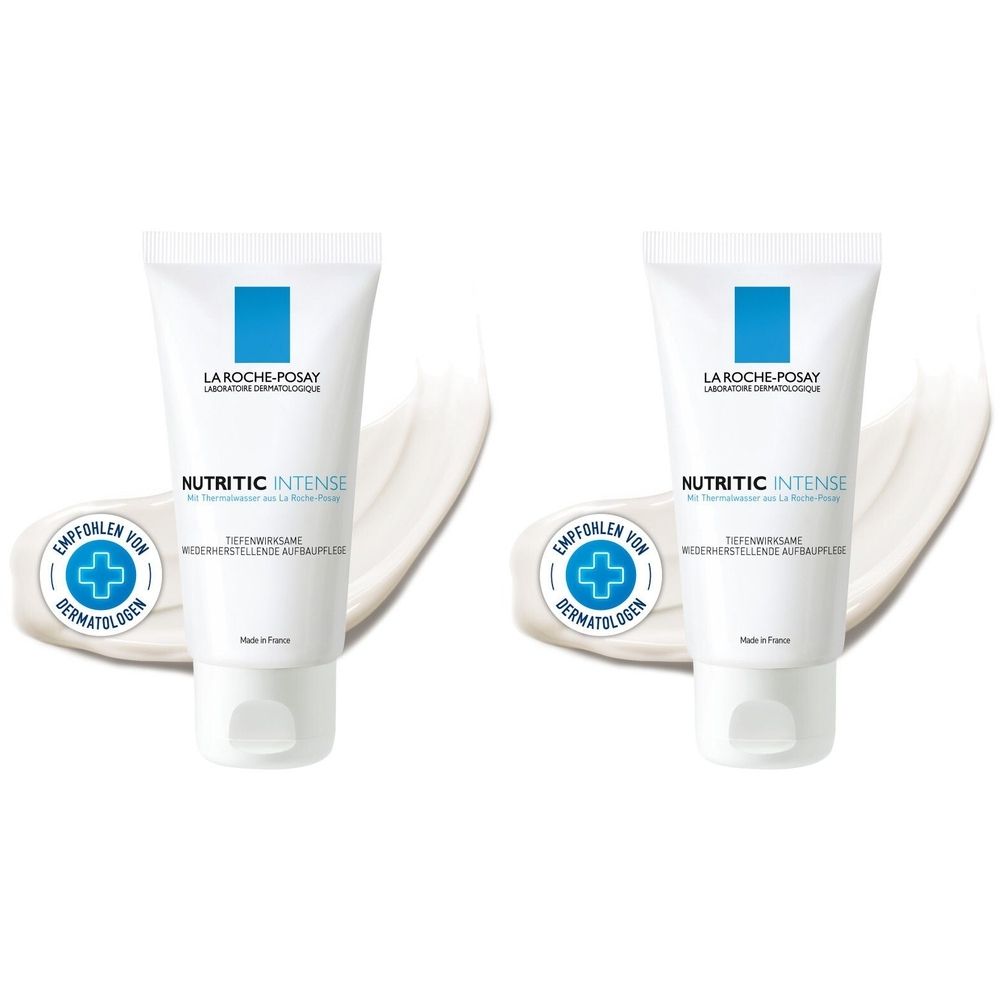 Zwei weiße Tuben mit blauer Schrift und Logo. Aufschrift: Nutritic Intense, empfohlen von Dermatologen. Creme-Auslauf im Hintergrund.