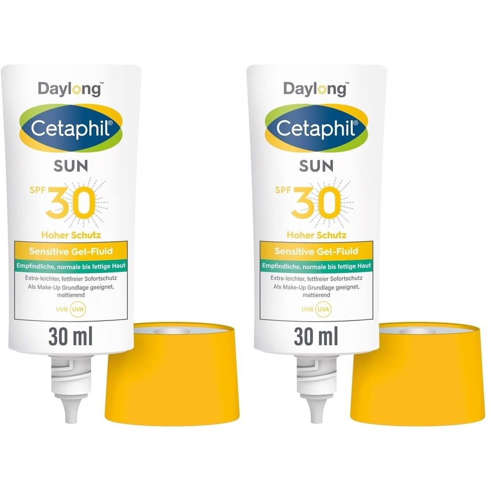 Zwei Tuben Cetaphil Sun Gel-Fluid SPF 30. Weiße Tuben mit gelbem Deckel. Aufschrift: Cetaphil Sun, SPF 30, Sensitive Gel-Fluid.