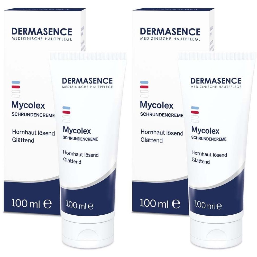 Mehrere Tuben und Kartons von DERMASENCE Mycolex Schrundencreme. Weiße Tuben mit blauer Schrift und Logo. Kartons mit Logo und Produktnamen.