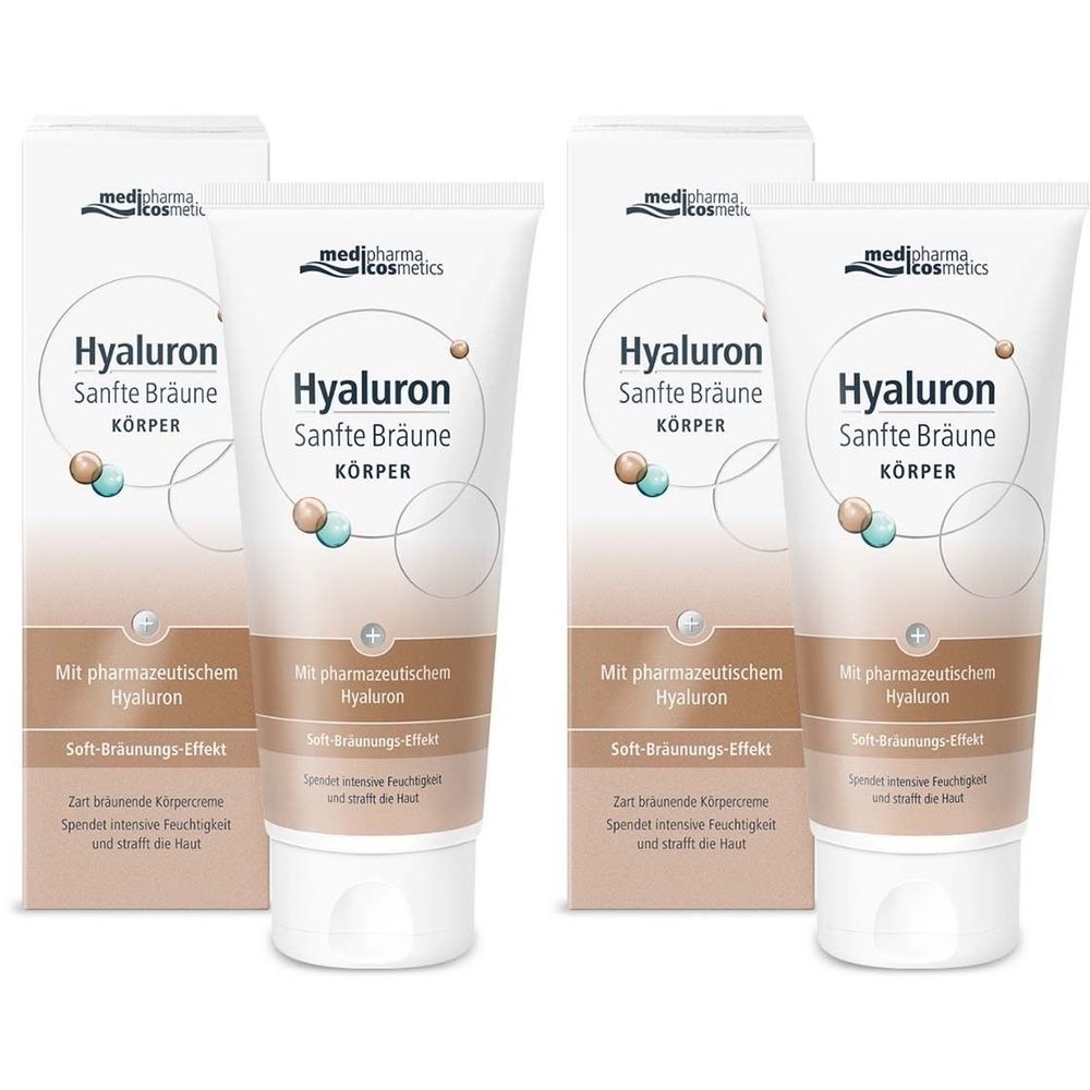 Zwei Tuben und zwei Kartons medipharma cosmetics Hyaluron Sanfte Bräune Körpercreme. Weiße Tuben mit brauner Schrift und Illustrationen.