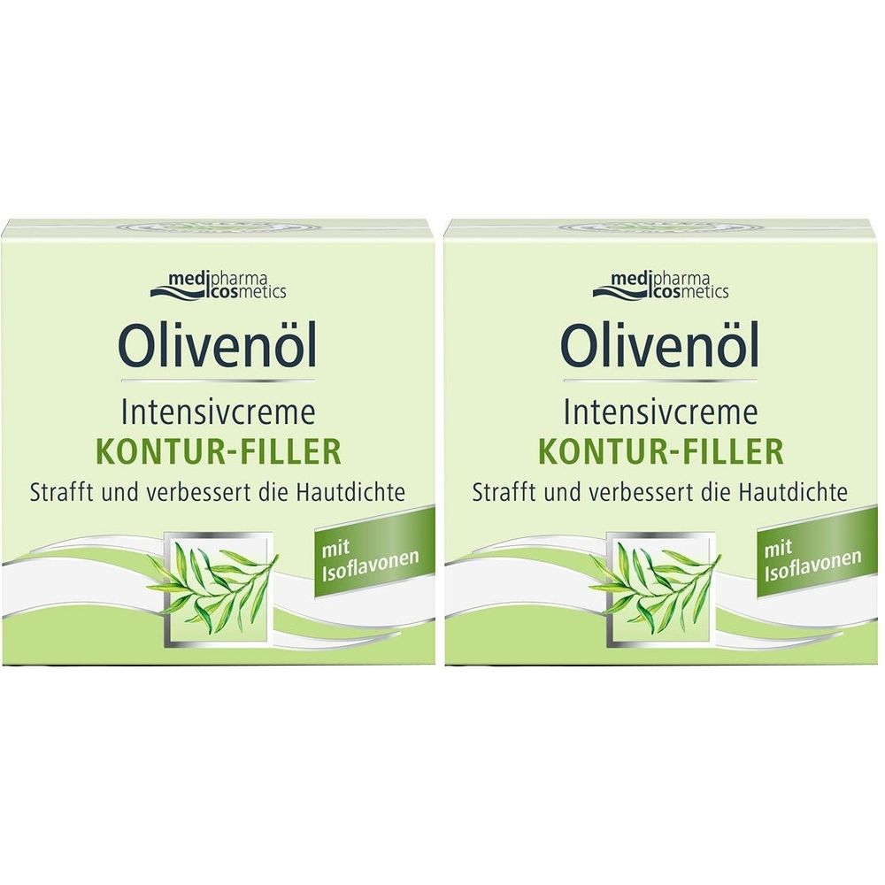 Zwei quadratische Faltschachteln. Aufschrift: Olivenöl Intensivcreme Kontur-Filler. Mit Isoflavonen. Marke: medipharma cosmetics.