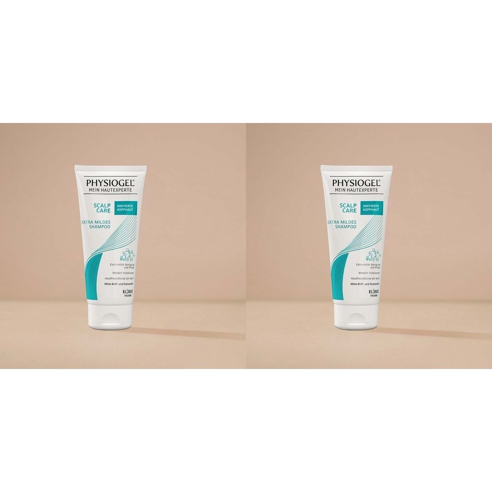 Zwei Tuben PHYSIOGEL® Scalp Care Shampoo. Weiße Tuben mit blauer und türkiser Beschriftung. Produktname und Eigenschaften deutlich sichtbar.