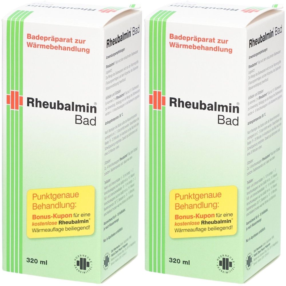 Zwei weiße Kartons mit Produktnamen Rheubalmin Bad. Aufschrift: Badepräparat zur Wärmebehandlung. Gelber Aufkleber mit Text. 320 ml.