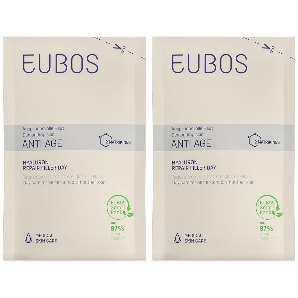 Zwei Nachfüllbeutel. Aufschrift: EUBOS, ANTI AGE, HYALURON Repair Filler Day. Mit Smart Pack Siegel und 97% Recycling.