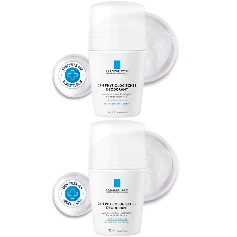 Zwei weiße Roll-On-Deodorants. Aufschrift: La Roche-Posay 24H Physiologisches Deodorant. Empfohlen von Dermatologen.