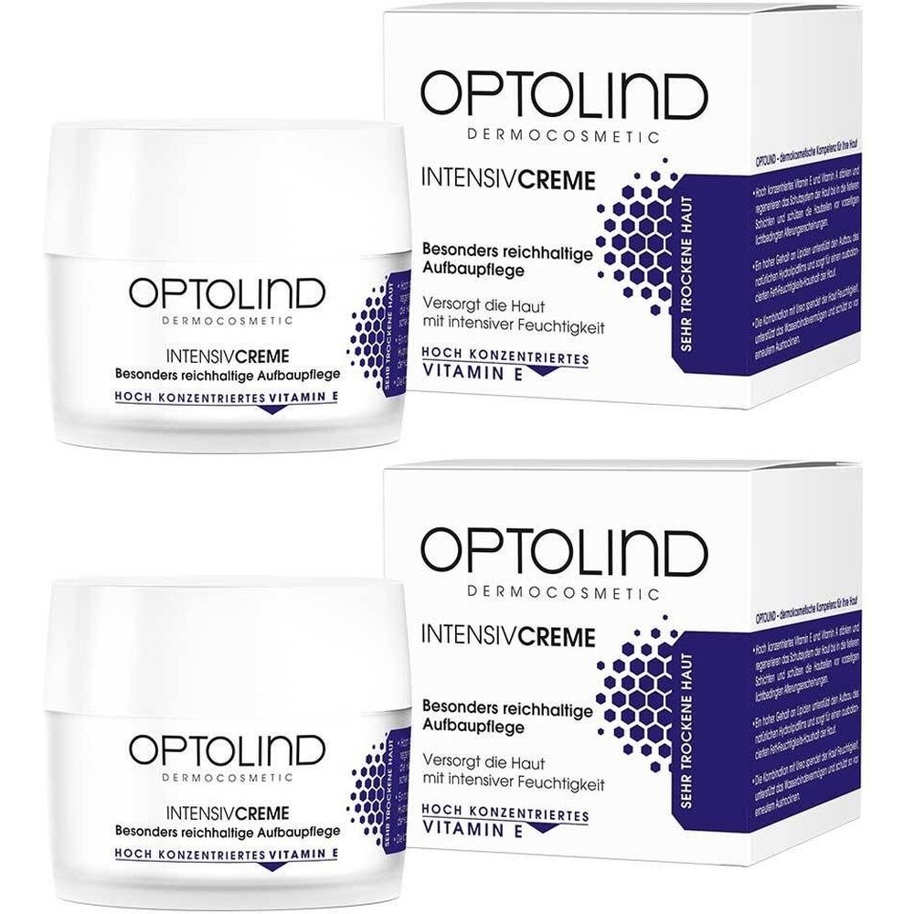 Zwei Tiegel und zwei Schachteln Optolind Intensivcreme. Aufschrift: Intensivcreme, Vitamin E. Weiße Tiegel und Schachteln.