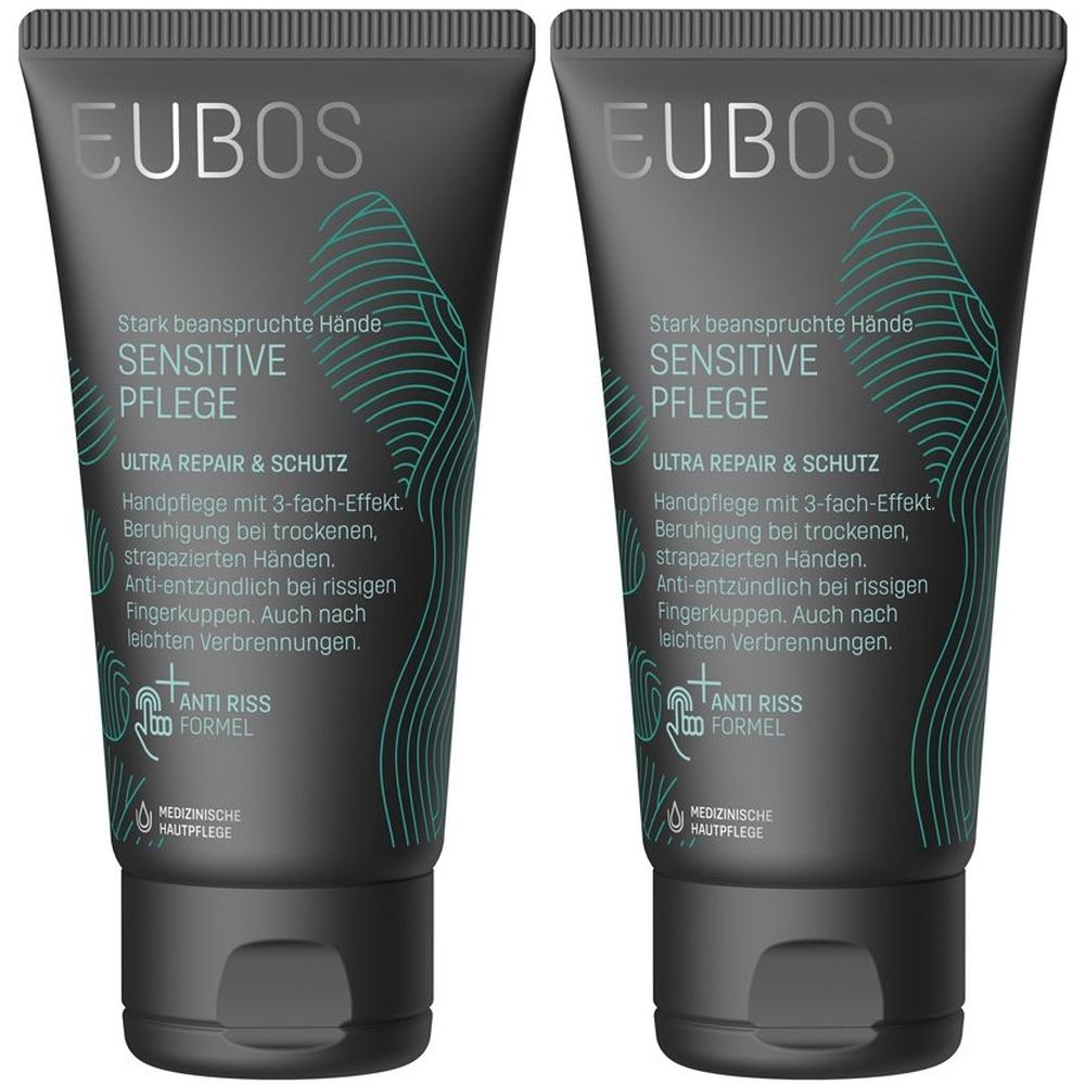 Zwei Tuben Handcreme. Schwarze Tuben mit weißer Schrift: EUBOS, SENSITIVE PFLEGE, ULTRA REPAIR & SCHUTZ. Anti-Riss Formel.