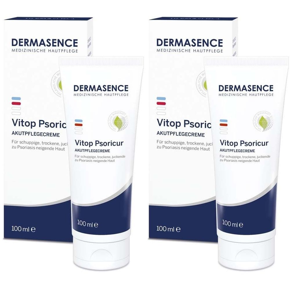 Mehrere Tuben und Faltschachteln. Auf den Tuben steht "Vitop Psoricur Akutpflegecreme". Auf den Schachteln steht "Dermasence".