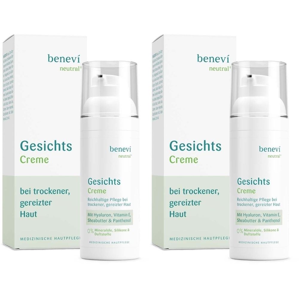 Zwei weiße Cremes mit Spender und Karton. Auf dem Karton steht "benevi neutral Gesichts Creme". Text: bei trockener, gereizter Haut.