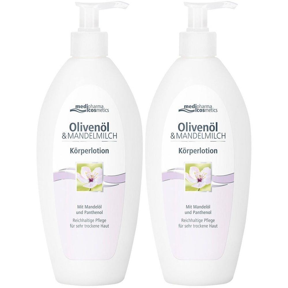 Zwei weiße Körperlotion-Flaschen mit Pumpverschluss. Aufschrift: Olivenöl & Mandelmilch Körperlotion. Marke: medipharma cosmetics.