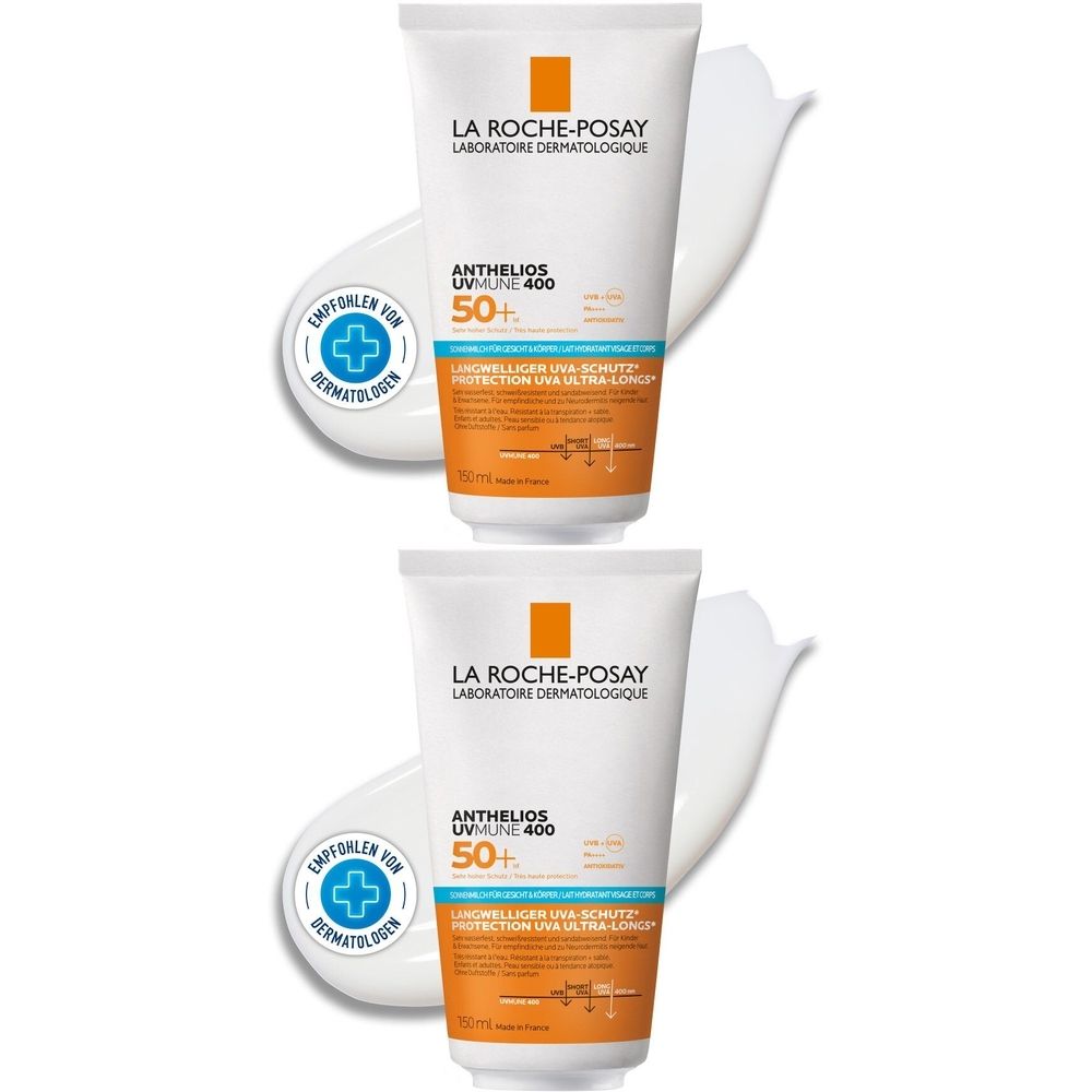 Zwei Tuben La Roche-Posay Anthelios UV Mune 400. Weiße Tuben mit orangefarbenen und blauen Akzenten. Aufgetragenes Produkt daneben.