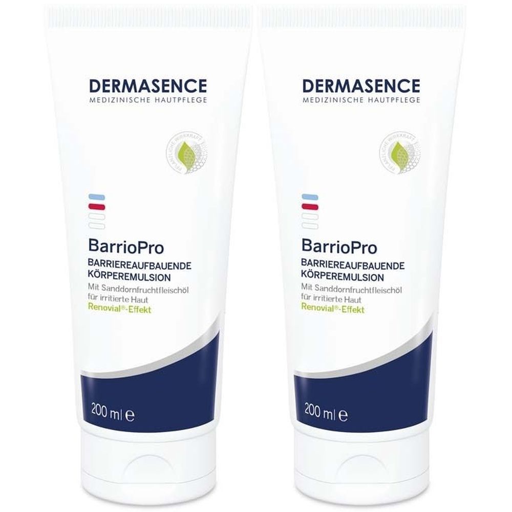 Zwei weiße Tuben DERMASENCE BarrioPro Körperemulsion. Blaue Schrift, Logo und Text. 200 ml.