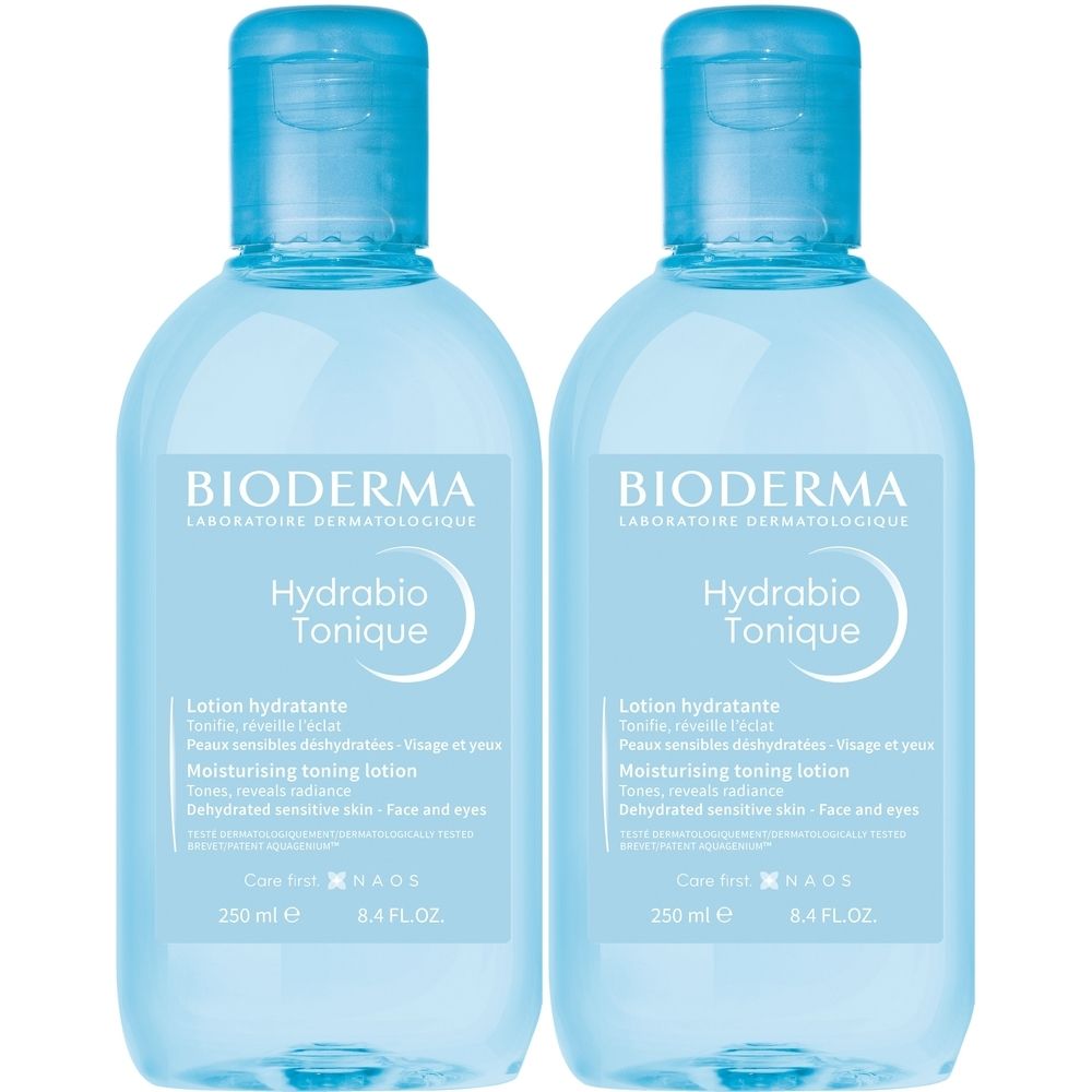 Zwei blaue Flaschen BIODERMA Hydrabio Tonique. Aufschrift: Lotion hydratante, Peaux sensibles déshydratées. 250 ml.
