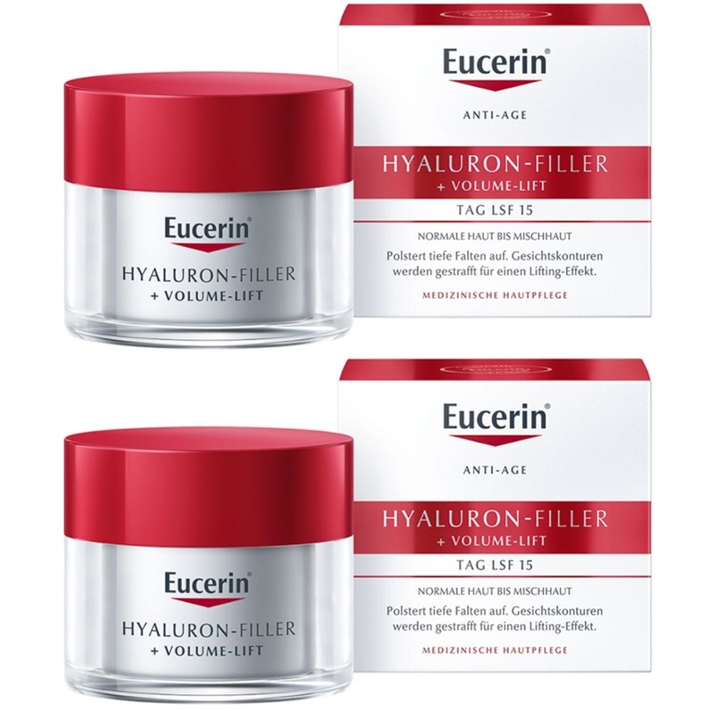 Zwei Tiegel mit rotem Deckel und silbernem Behälter. Aufschrift: Eucerin, Hyaluron-Filler + Volume-Lift. Daneben Karton mit Text.