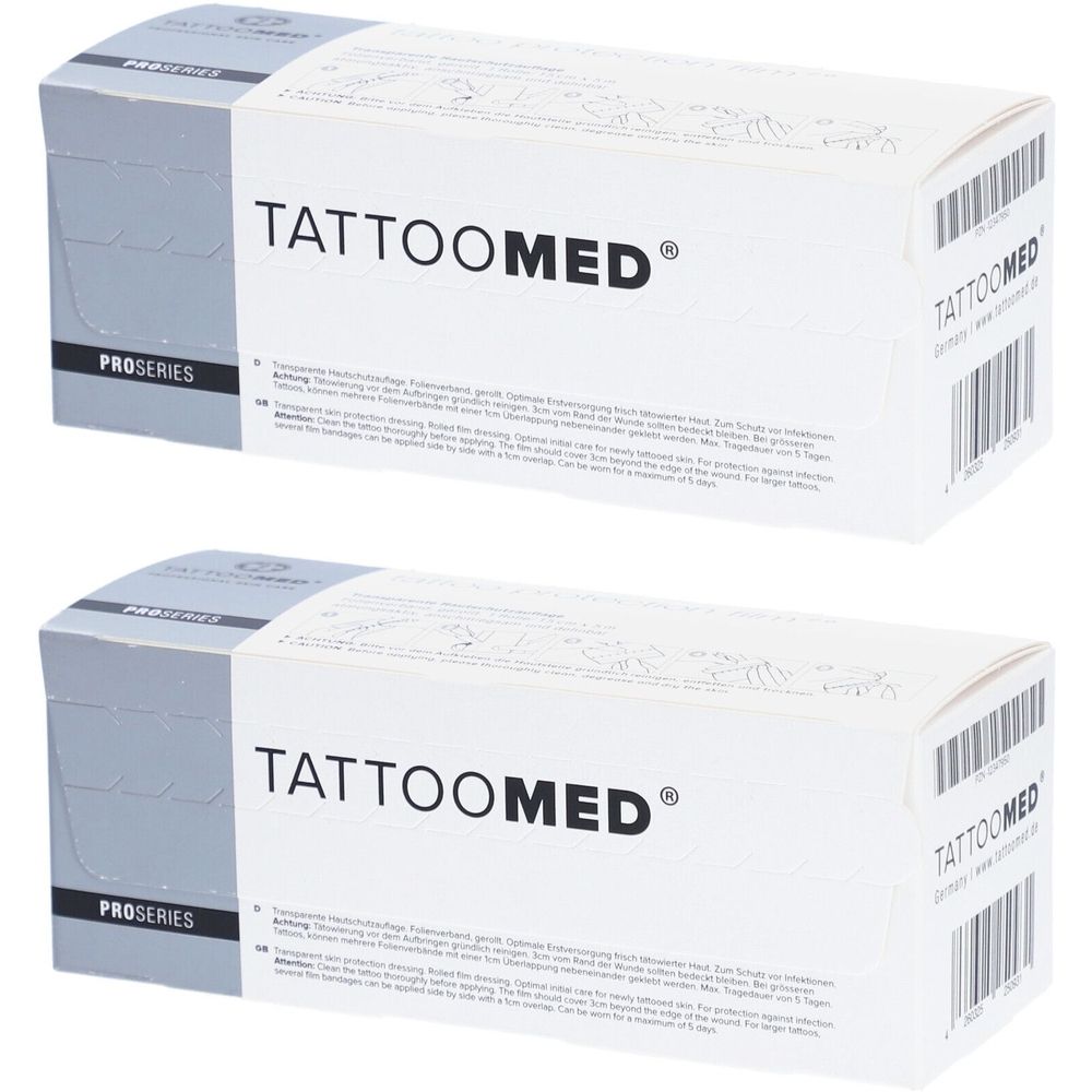 Zwei weiße Kartons mit schwarzem Schriftzug TATTOOMED. Aufdruck PROSERIES. Barcode und Logo TATTOOMED.