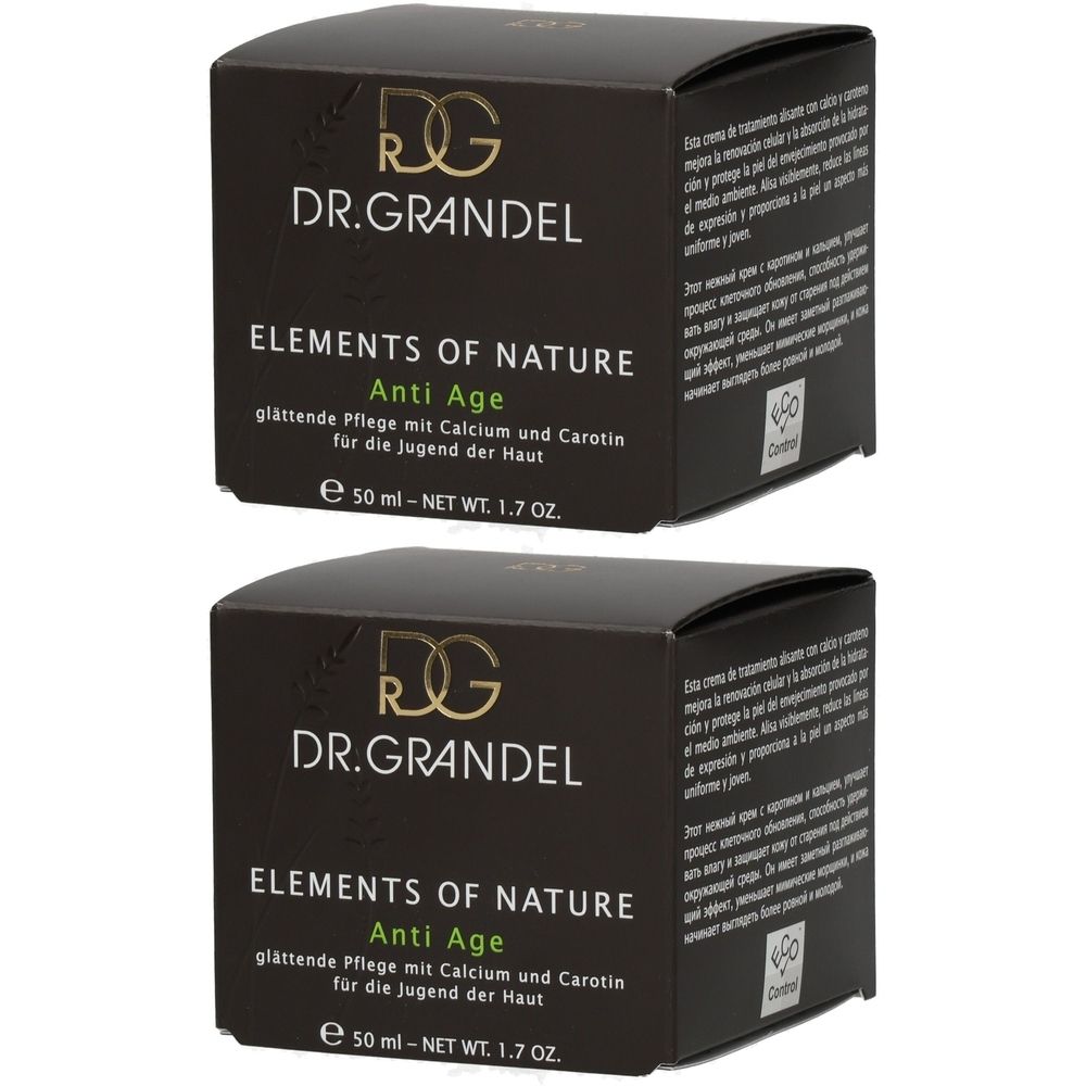 Zwei quadratische Faltschachteln. Aufschrift: DR. GRANDEL ELEMENTS OF NATURE Anti Age. Mit Calcium und Carotin. 50 ml.