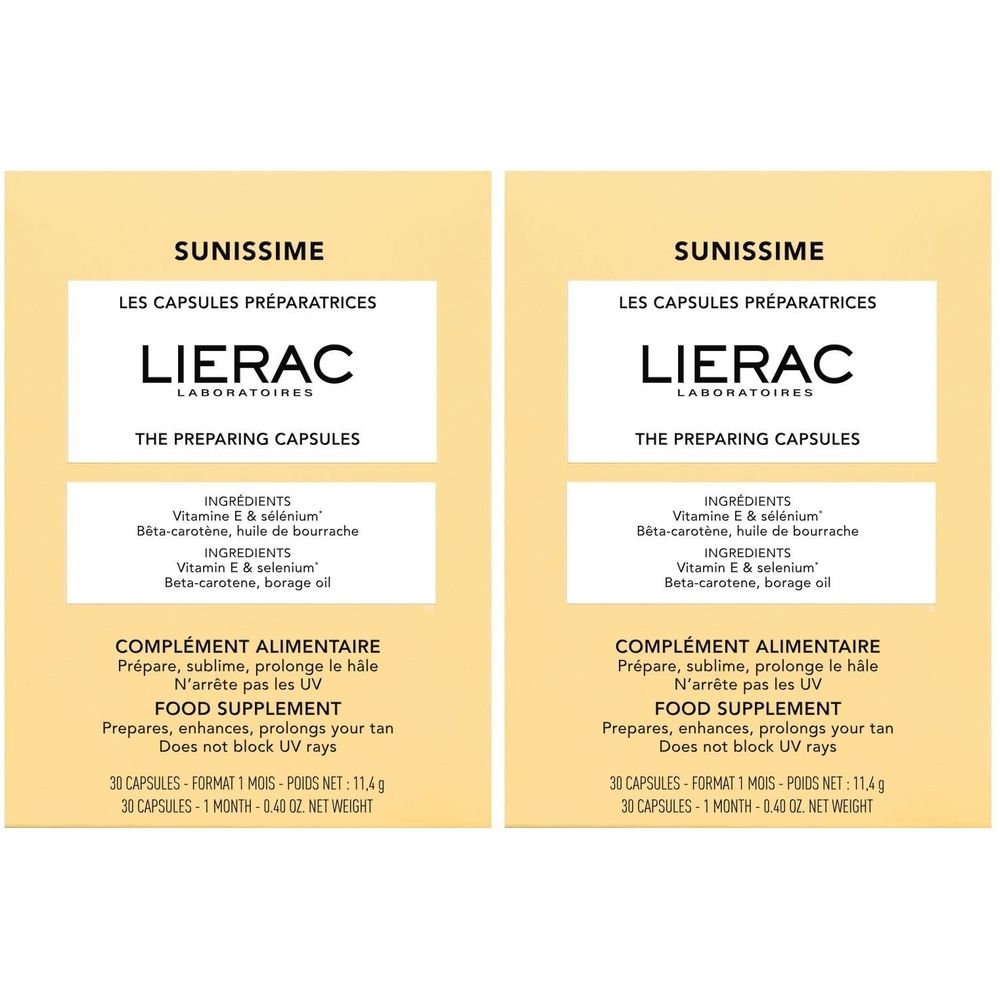 Zwei Packungen mit der Aufschrift SUNISSIME und LIERAC. Text: Nahrungsergänzungsmittel, 30 Kapseln, 1 Monat.