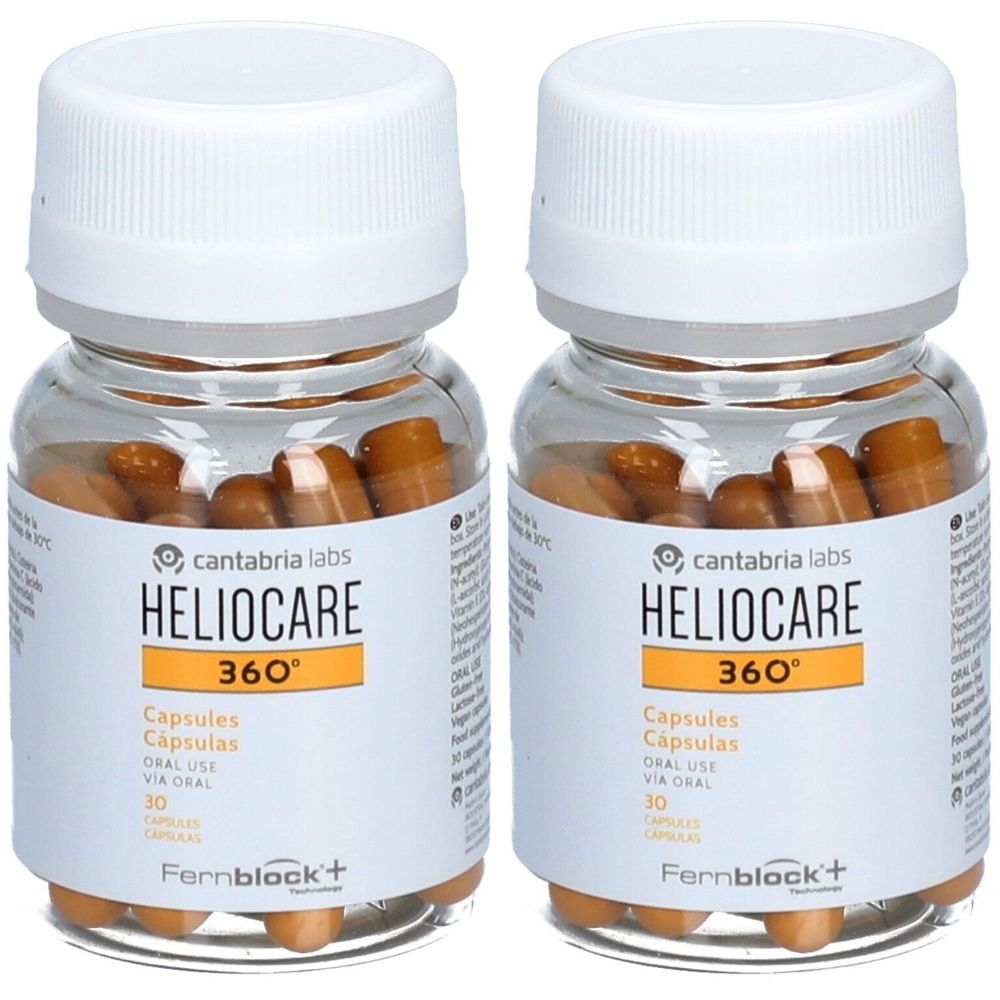 Zwei Flaschen HELIOCARE 360º Kapseln. Klare Glasflaschen mit weißen Deckeln und Etiketten. Enthält braune Kapseln. Aufschrift: HELIOCARE 360º, 30 Kapseln.