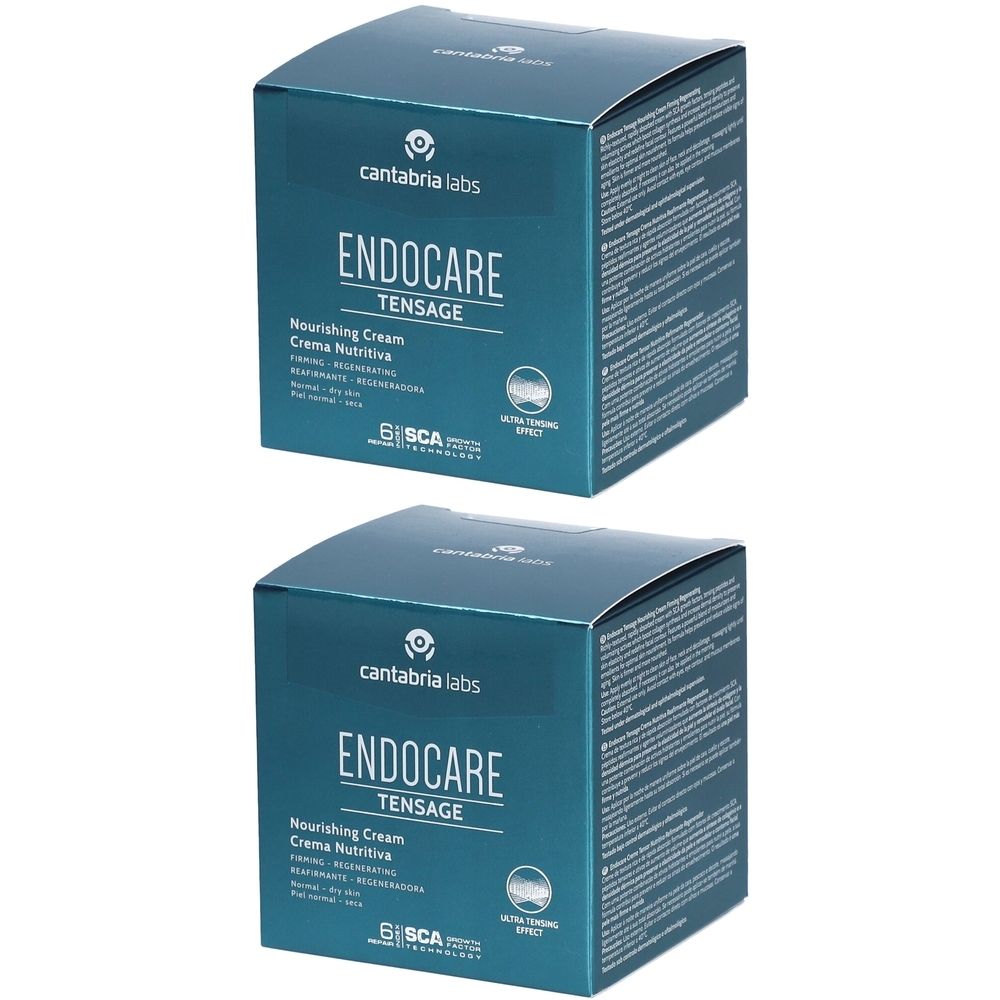 Zwei quadratische Schachteln mit der Aufschrift "ENDOCARE TENSAGE Nourishing Cream". Das Logo von cantabria labs ist ebenfalls sichtbar.