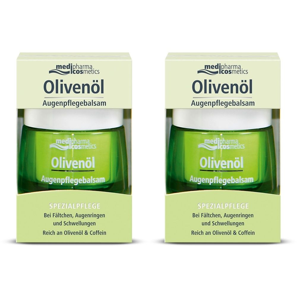 Zwei Olivenöl Augenpflegebalsam-Tiegel in Kartonverpackung. Grün-weiße Tiegel, grüne Schrift. Spezialpflege für Augen.