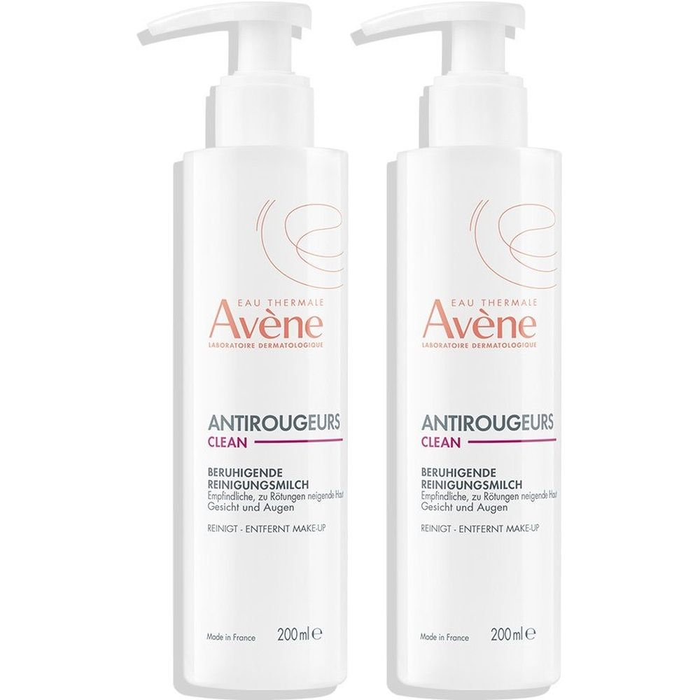 Zwei weiße Flaschen mit Pumpverschluss. Aufschrift: Avène Antirougeurs CLEAN Beruhigende Reinigungsmilch. 200ml.