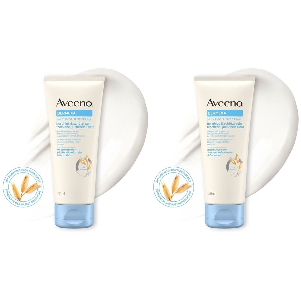 Zwei Tuben Aveeno Dermexa Creme. Weiße Tube mit blauem Deckel. Aufschrift: Dermexa, Feuchtigkeitsspendende Emollientien Creme.