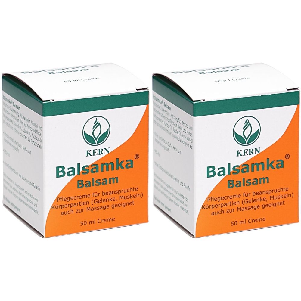 Zwei quadratische Balsamka® Balsam-Cremepackungen. Weiß, orange und grün. Text: Balsamka Balsam, Pflegecreme für beanspruchte Körperpartien.
