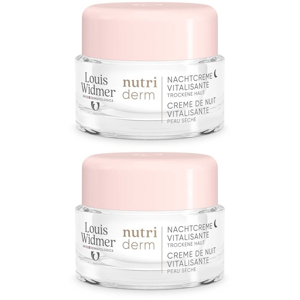 Zwei Tiegel Nachtcreme mit rosa Deckel. Aufschrift: Louis Widmer, nutriderm, Nachtcreme Vitalisante, trockene Haut.