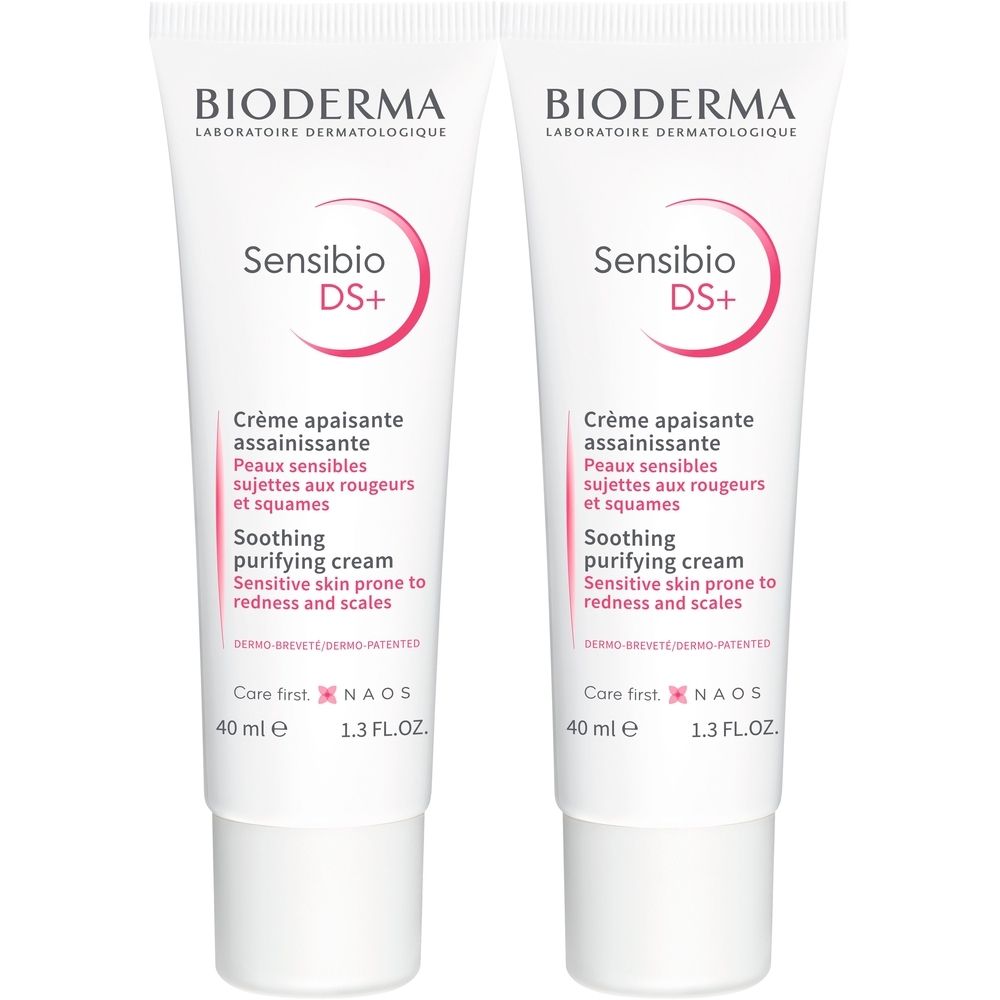 Zwei Tuben BIODERMA Sensibio DS+ Crème. Weiße Tuben mit rosa Akzenten und Produktinformationen. 40 ml.