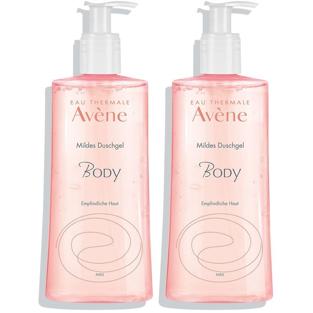 Zwei rosa Duschgel-Flaschen mit weißen Pumpen. Aufschrift: Eau Thermale Avène, Mildes Duschgel, Body, Empfindliche Haut.