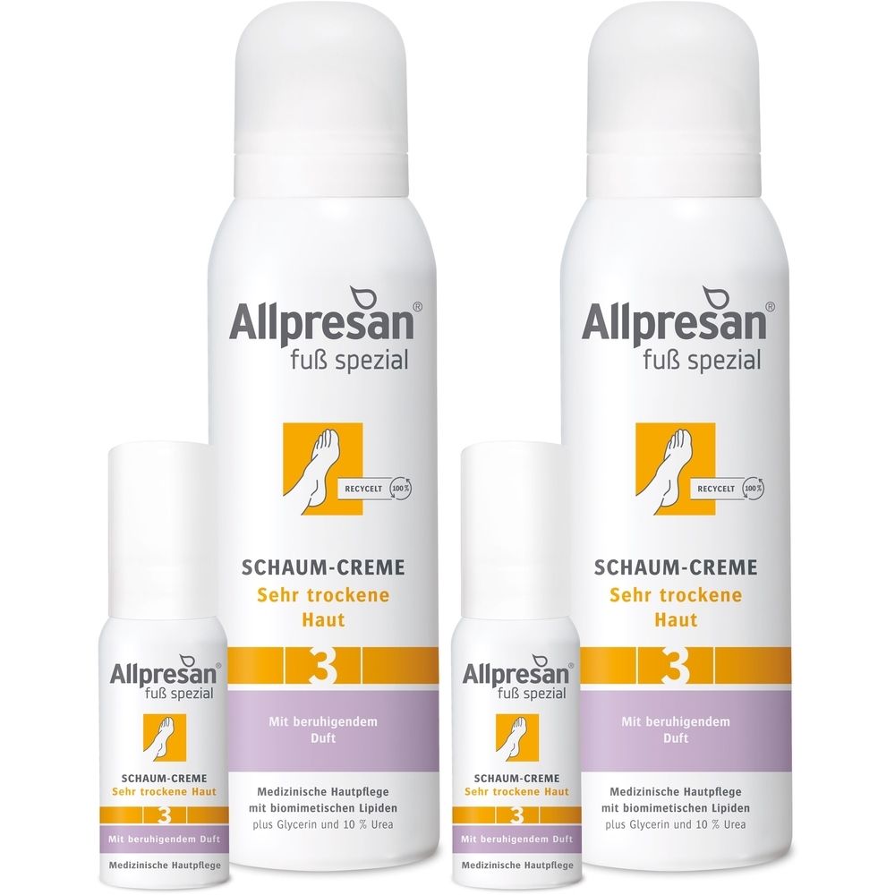Mehrere weiße Flaschen und Sprays. Aufschrift: Allpresan Fuß spezial, Schaum-Creme, sehr trockene Haut. Mit beruhigendem Duft.