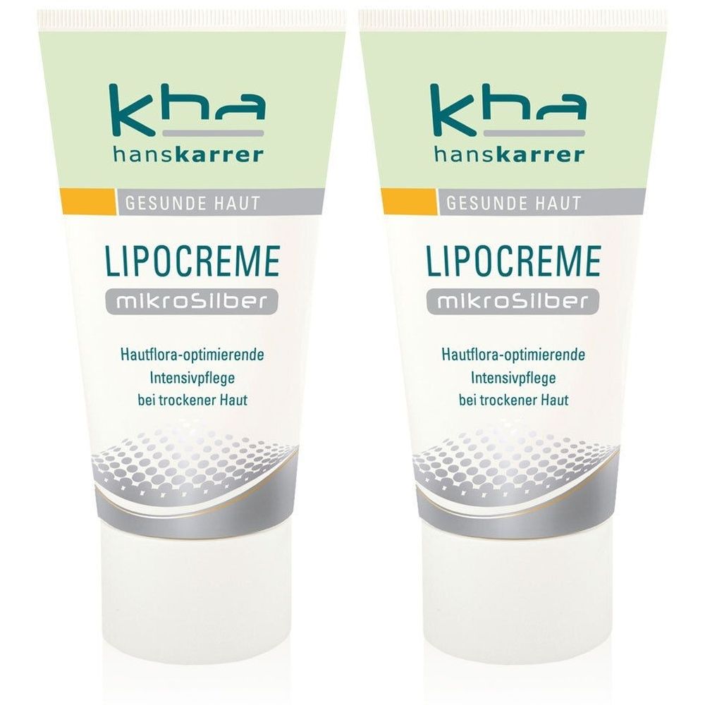 Zwei Tuben Lipocreme Mikrosilber. Aufschrift: kha hanskarrer, GESUNDE HAUT, LIPOCREME, Hautflora-optimierende Intensivpflege bei trockener Haut.