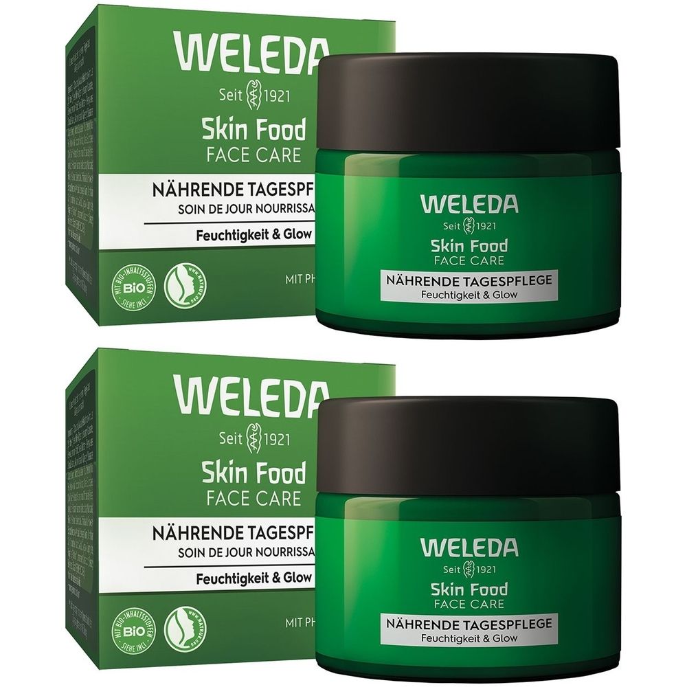 Zwei grüne Tiegel mit schwarzem Deckel und zwei grüne Faltschachteln. Aufschrift: Weleda Skin Food Face Care. Text in Deutsch und Französisch.