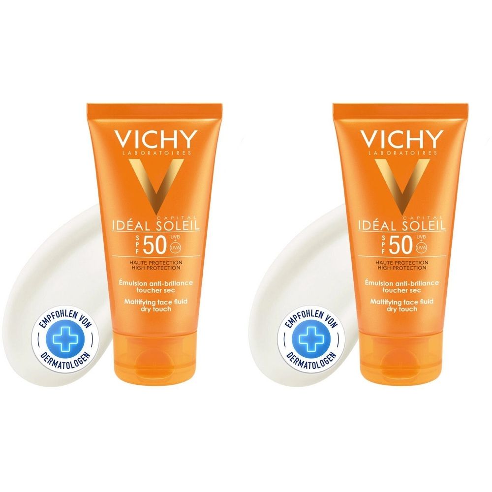 Zwei Tuben Sonnenfluid mit LSF 50. Orangefarbene Verpackung mit weißem Aufdruck. Dermatologisch getestet.