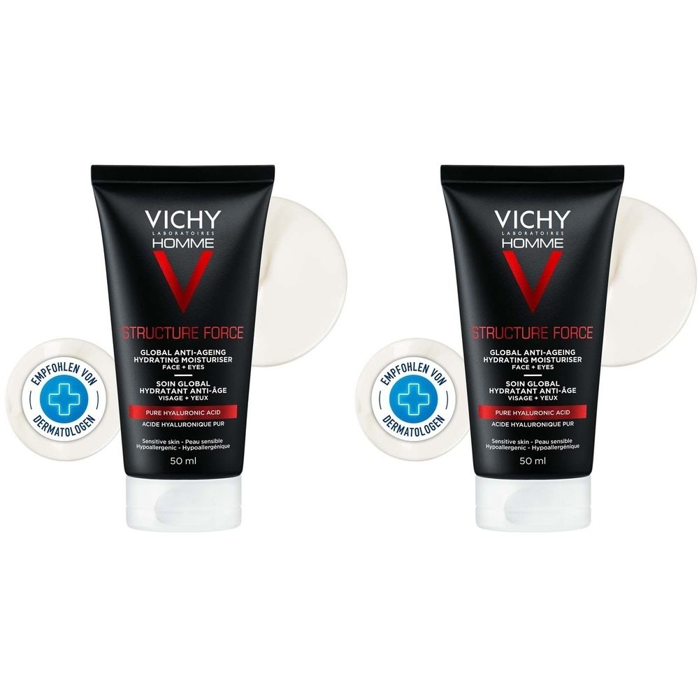 Zwei schwarze Tuben mit weißem Deckel. Aufschrift: VICHY HOMME, STRUCTURE FORCE, GLOBAL ANTI-AGEING, HYDRATING MOISTURISER. Runde Aufkleber mit Kreuz.