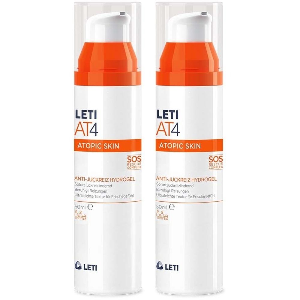 Zwei Flaschen Hydrogel. Weiß, mit orangefarbenen Akzenten. Aufschrift: LETI AT4, ATOPIC SKIN, ANTI-JUCKREIZ HYDROGEL. Mit Dosierpumpe.