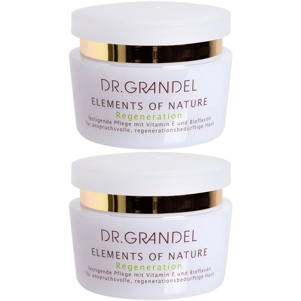 Zwei weiße Cremetiegel mit goldenem Rand. Aufschrift: DR. GRANDEL ELEMENTS OF NATURE Regeneration. Text in deutscher Sprache.