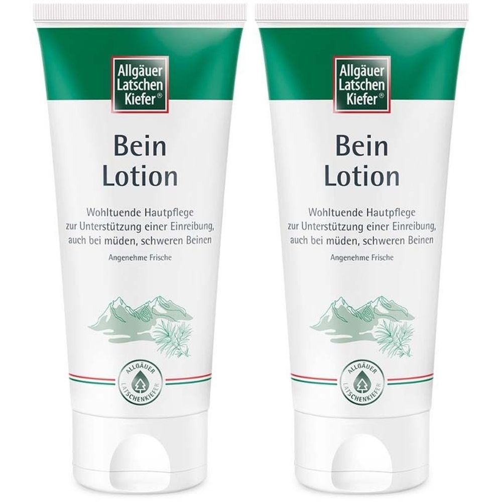 Zwei Tuben Bein Lotion. Weiß, mit grünem Deckel und Schriftzug. Berge und Logo abgebildet. Text: Wohltuende Hautpflege.