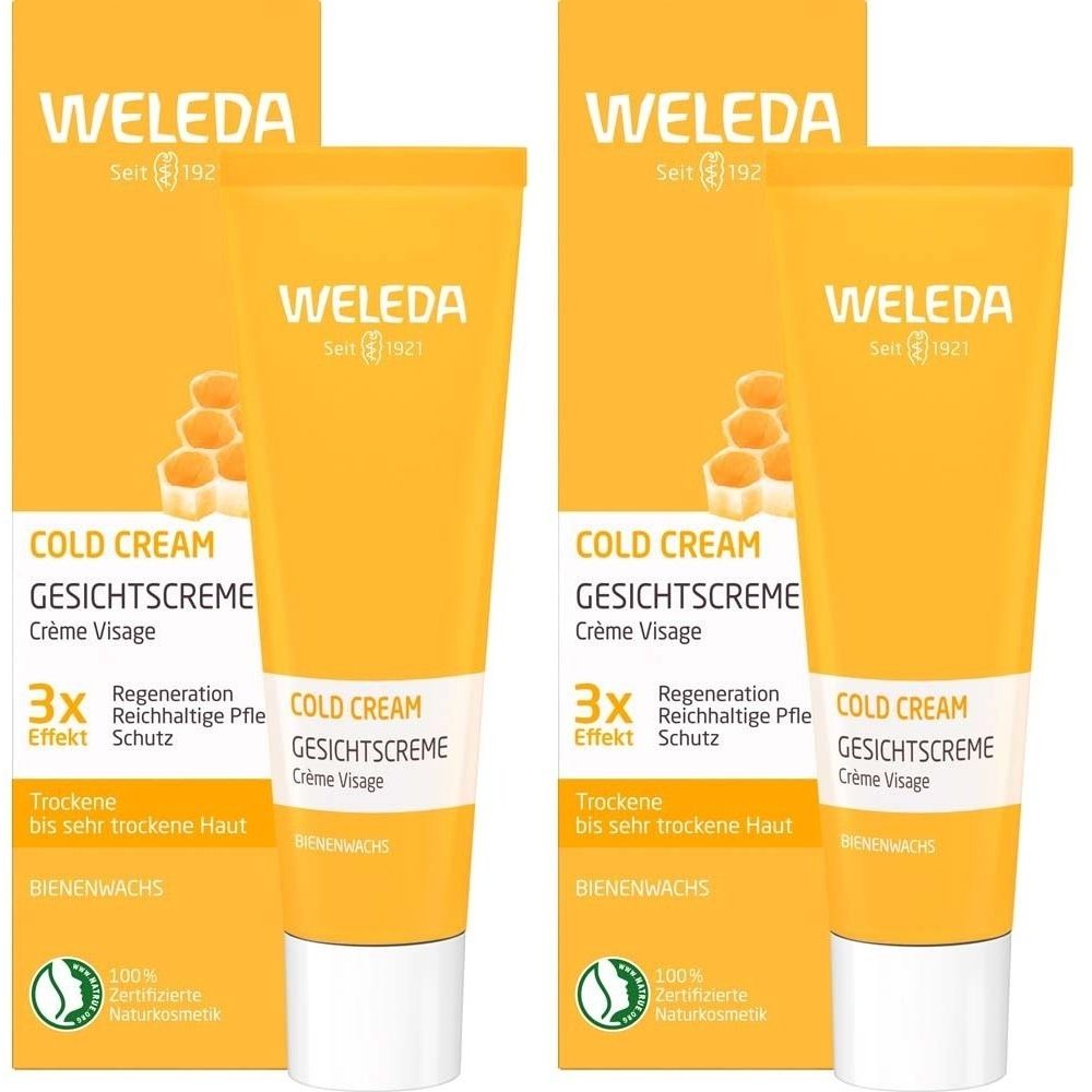 Zwei Tuben und Schachteln Weleda Coldcream Gesichtscreme. Gelbe Verpackung mit Produktnamen und Logo. Zertifizierte Naturkosmetik.