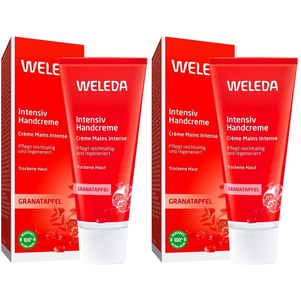 Zwei Tuben Handcreme mit roter Verpackung. Aufschrift: WELEDA Intensiv Handcreme Granatapfel. Mit Kartonverpackung.