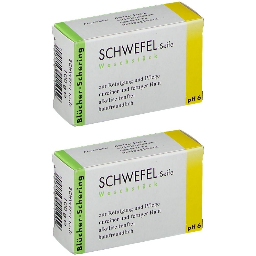 Zwei Schachteln Schwefel-Seife. Weiße Verpackung mit grünen und gelben Akzenten. Text: Schwefel-Seife, Waschstück, pH 6.