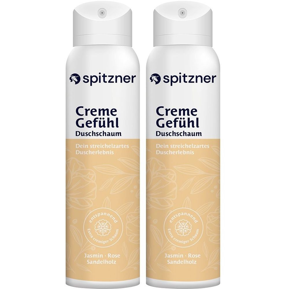 Zwei weiße Sprühdosen mit dem Logo von Spitzner. Aufschrift: Creme Gefühl Duschschaum. Jasmin-Rose-Sandelholz.