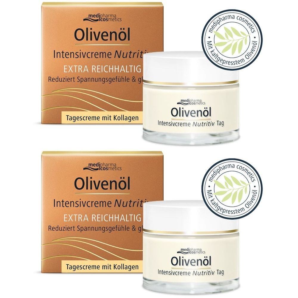 Zwei Cremetiegel und zwei Kartons. Auf den Tiegeln steht Olivenöl Intensivcreme Nutritiv Tag. Auf den Kartons steht Olivenöl Intensivcreme Nutritiv.