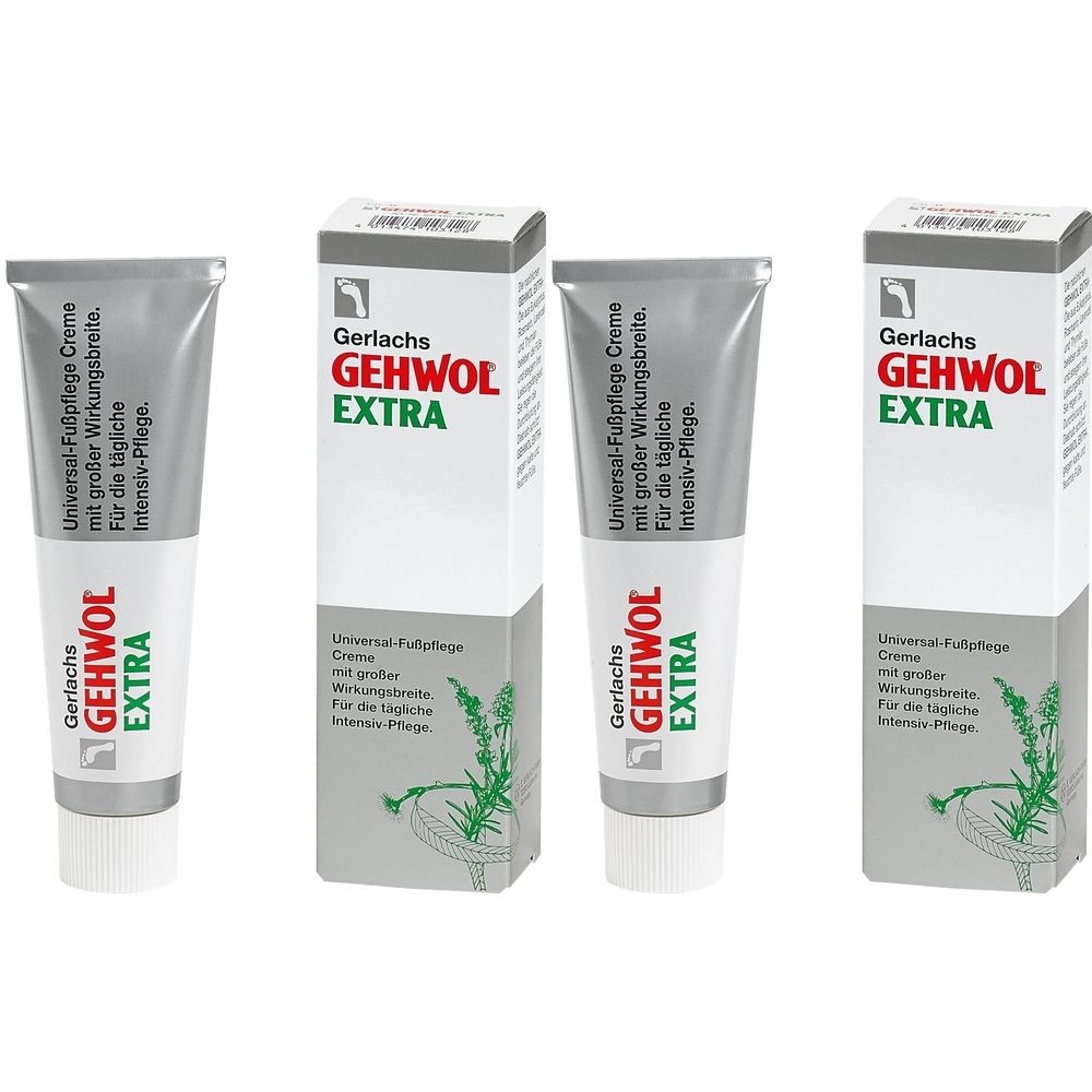 Drei Tuben und zwei Kartons GEHWOL EXTRA Fußpflegecreme. Tuben silbergrau-weiß, Kartons weiß mit grünen Akzenten. Text: GEHWOL EXTRA.