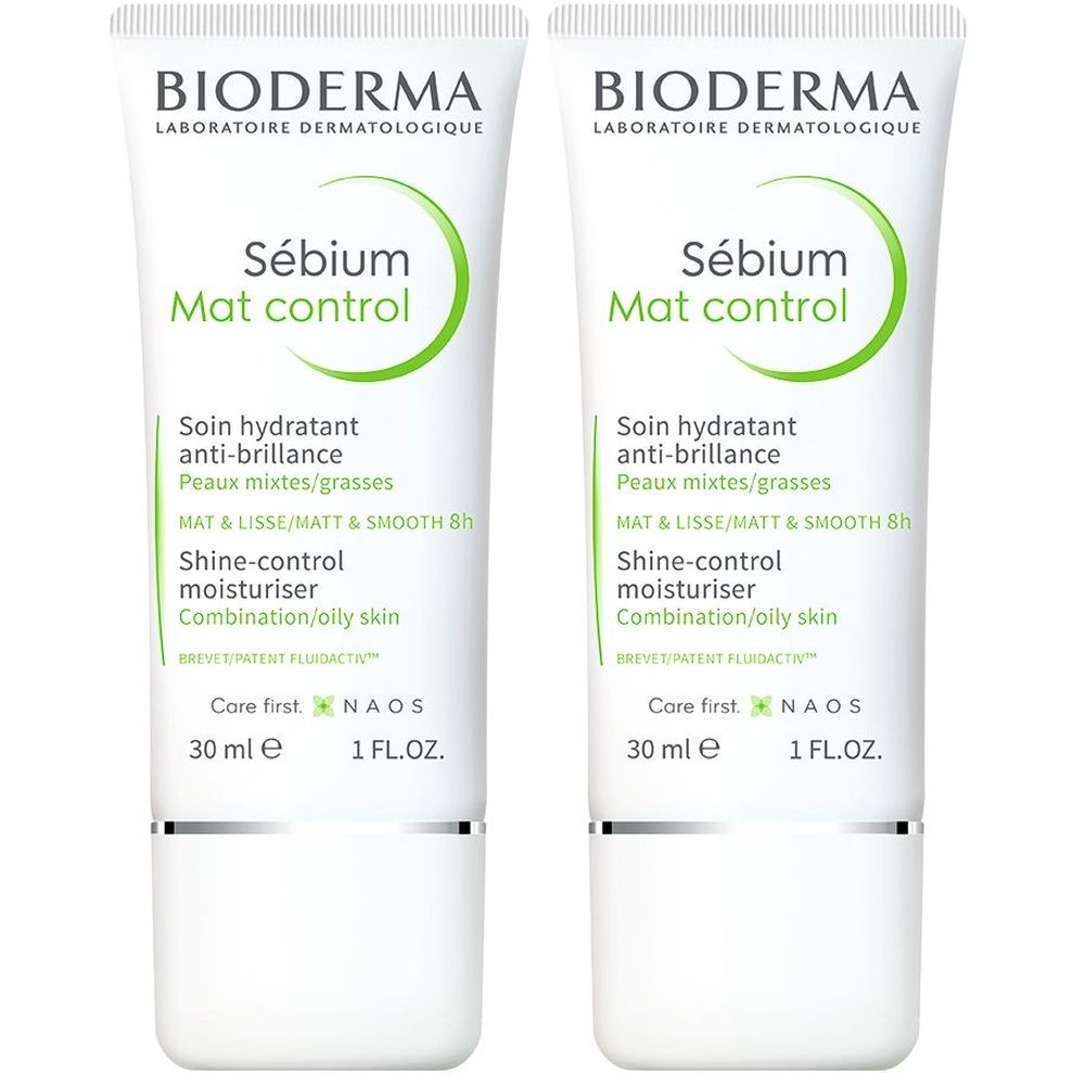 Zwei Tuben BIODERMA Sébium Mat control. Weiße Tuben mit grüner Schrift und Logo. Enthält Text: Shine-control moisturiser.